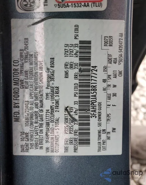2011 Ford Fusion Sel from USA, damaged, VIN 3FAHP0JA5BR177724